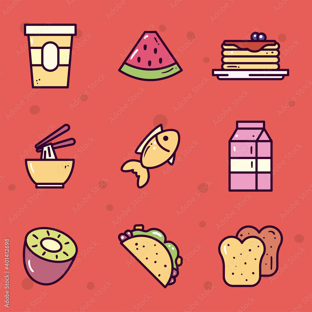 Poster food line and fill style symbol set vector design