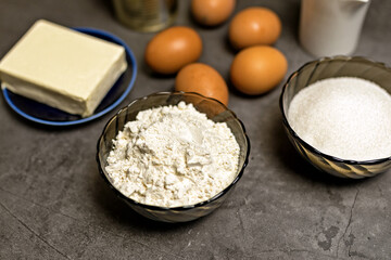 Ingredients for making waffles at home. Eggs, flour, milk, sugar, condensed milk. Step-by-step instructions. step 1.