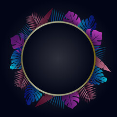 Exotic tropical vector around a frame with Hawaiian plants. Dark indigo tropical pattern with monstera and sabal palm leaves