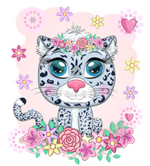 Cartoon snow leopard with expressive eyes. Wild animals, character, childish cute style.