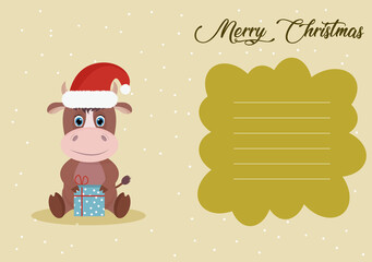 Design of a new year's card 2021 with the image of a cute bull. Vector graphics.