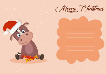 Design of a new year's card 2021 with the image of a cute bull. Vector graphics.