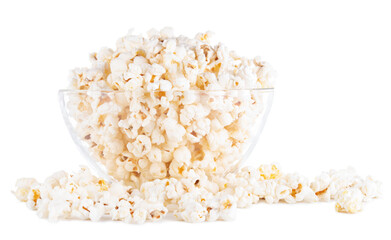 Close up transparent glass bowl of popcorn isolated on white background