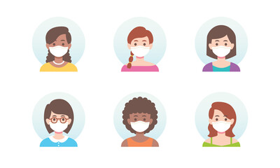 Coronavirus covid 19 prevention people character avatar wearing white medical face mask new normal global pandemic situation flat vector illustration