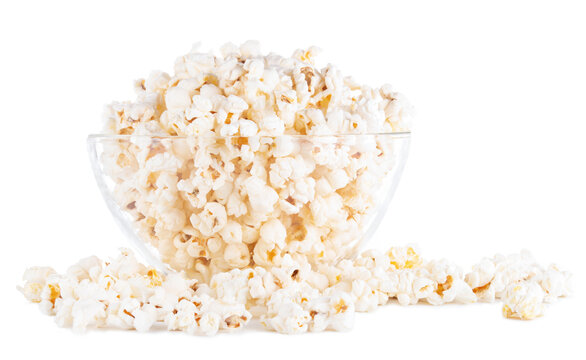 Close Up Transparent Glass Bowl Of Popcorn Isolated On White Background