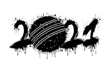 Abstract numbers 2021 and cricket ball made of blots in grunge style. 2021 New Year on an isolated background. Design pattern. Vector illustration