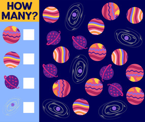 Counting Game for Preschool Children. Educational a mathematical game. Count how many space objects and write the result