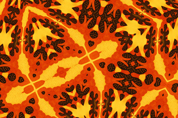African fabric, cotton – Textured and seamless tribal pattern – Red and golden yellow colors

