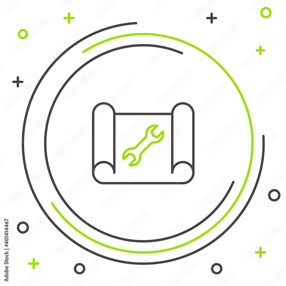 Poster line graphing paper for engineering and wrench icon isolated on white background. colorful outline c