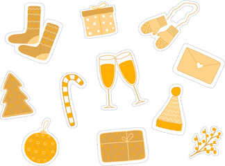 Christmas vector sticker set. Hand drawn new year stickers. 
gift, champagne, socks, mittens, Christmas tree toy, cookies, letter, Candy cane