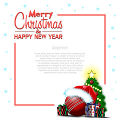 Fototapeta na wymiar Merry Christmas and Happy New Year. Frame with cricket ball, Christmas tree and gift boxes. Greeting card design template with for new year. Vector illustration
