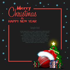 Fototapeta na wymiar Merry Christmas and Happy New Year. Frame with cricket ball, Christmas tree and gift boxes. Greeting card design template with for new year. Vector illustration