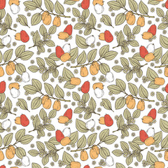 Floral seamless pattern. Exotic tropical fruit Jujube sometimes Ziziphus jujuba or zizyphus, red date, Chinese date, Korean date, Indian date. Leaves, Flowers, Berries. Medicinal plant
