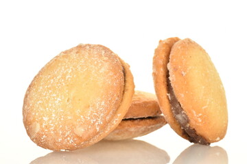 Three delicious biscotti shortbread cookies, close-up, isolated on white.