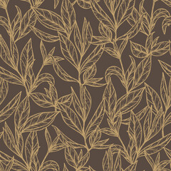 Hand drawn engraving style Green tea leaves Seamless pattern. Vintage brown leaf Vector illustration
