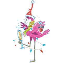 Cute flamingo with glasses of champagne
