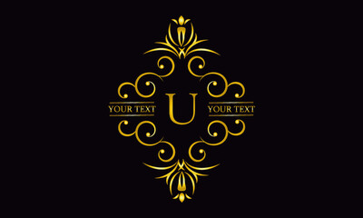 Premium monogram design with letter U. Exquisite gold logo on a dark background for a symbol of business, restaurant, boutique, hotel, jewelry, invitations, menus, labels, fashion.