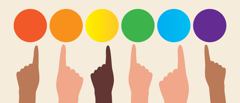 Index finger pointing at color as a color matching and design concept, flat vector stock illustration with people choosing colors