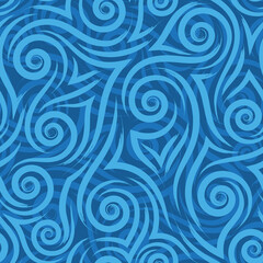 blue graceful flowing lines corners and spirals on a blue background vector seamless pattern.Abstract wave texture or swirl vintage ornament.