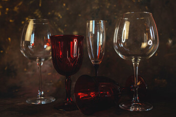 new year and christmas background with different glasses on a dark background