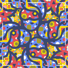 modern colorful geometric on freeform shape and white frame pattern on dark blue