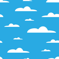 White clouds on blue background. Sky seamlesss pattern. Cartoon modern white clouds in flat design isolated. Design for fabric, wallpaper, textile and decor. Vector Illustration. EPS10.