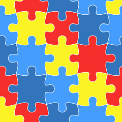 Colorful jigsaw. Seamless puzzle pattern. Autism background. World autism awareness day. Childish design template. Vector Illustration. EPS10. Design for fabric, wallpaper, textile and decor.