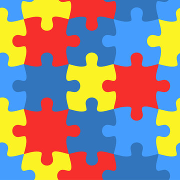 Colorful jigsaw. Seamless puzzle pattern. Autism background. World autism awareness day. Childish design template. Vector Illustration. EPS10. Design for fabric, wallpaper, textile and decor.
