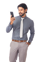 Young businessman using Cell Phone on white.