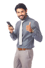 Young businessman using Cell Phone on white.