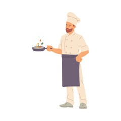 Bearded man chef cook stands with pan in hands flat vector illustration isolated.