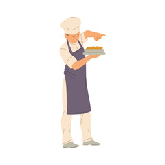 Professional chef man adding spices to a dish, flat vector illustration isolated.