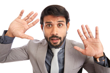 wide angle shot of expressive young businessman on white background.