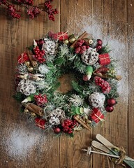 christmas wreath on wooden background