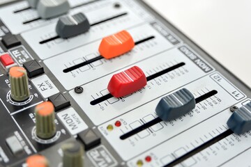 Widened faders on different sides on a mixing console, close-up.