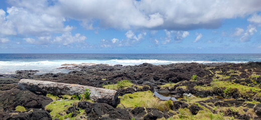 Volcanic shoreline landscape in the tropical Reunion island, more natural eastern region, France,...