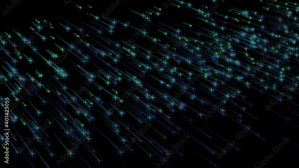 Poster falling starfall leaving a trail on an isolated black background in space, galaxy. 3d.
