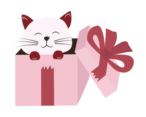 Kawaii cute cat peek from inside gift box for present. Hand drawn vector illustration. Isolated objects. Design for poster, greeting card, t-shirt print