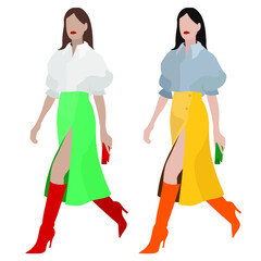 vector flat fashion illustration on the theme of street style isolated on white background. stylish beautiful slender young girl in a fashionable outfit. fashion trends. several color combinations.