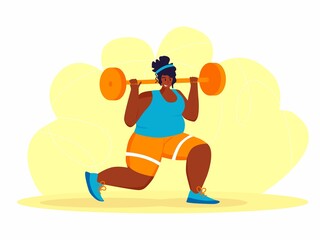 A young african american obese woman doing exercise. A girl working in sweat to get rid of belly fat. Obesity.