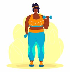 A young african american obese woman doing exercise. A girl working in sweat to get rid of belly fat. Obesity.