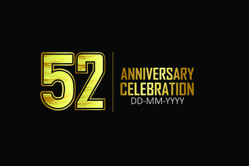 52 year anniversary celebration Yellow Golden Color Sporty Design logotype. anniversary logo isolated on Black background, for celebration, invitation card, and greeting card - Vector
