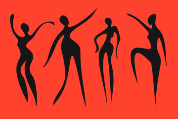 Abstract disproportionate black silhouettes of ladies drawn in primitive manner on orange background. 