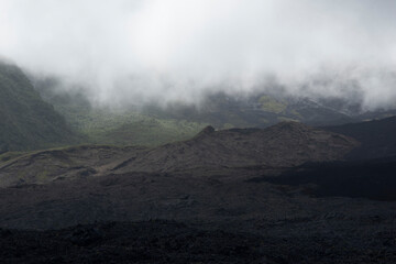 Volcanic landscape on the flanks of the Piton de la Fournaise in Réunion island, tropical active volcano, France.