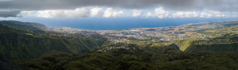 Fototapeta na wymiar Panoramic view over Saint-Denis from Adam peak in Reunion Island, France.