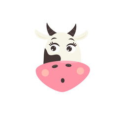 The face of a cute surprised cow. Children Farm animal character. Vector modern