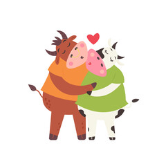 Bull and cow kiss. Love couple farm animals. Modern vector