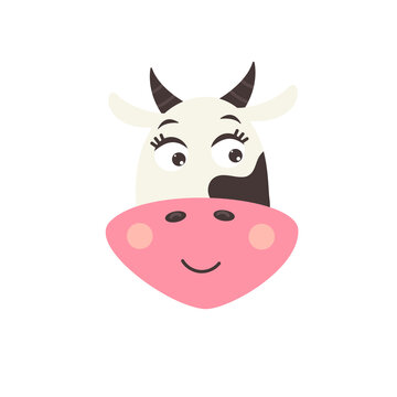 Head of a cute smiling cow. Children Farm animal character. Vector modern