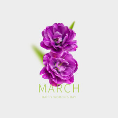 International Women's Day. Creative concept for March 8 from purple tulips. Number eight from purple flowers on light gray background. Flower card, floral composition. Spring, holiday, layout, art