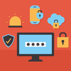 group of security icons on a red background